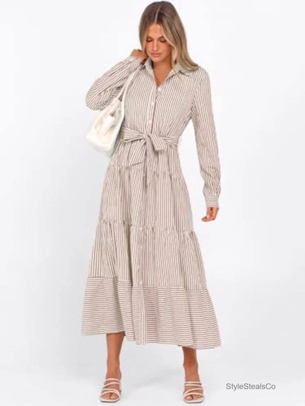 Long Sleeve Striped Flowy Maxi Dress Button Down Ruffle Hem Tie Waist Shirt - Picture 2 of 6